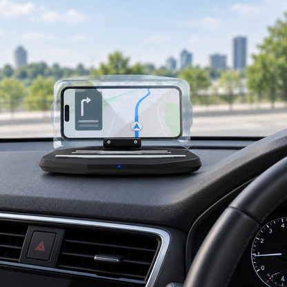 Car HUD phone mount with a broad dashboard base and transparent viewing panel displaying phone navigation