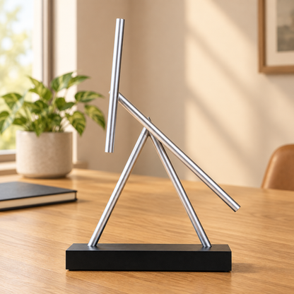 Kinetic sculpture in a warm modern home-office setting