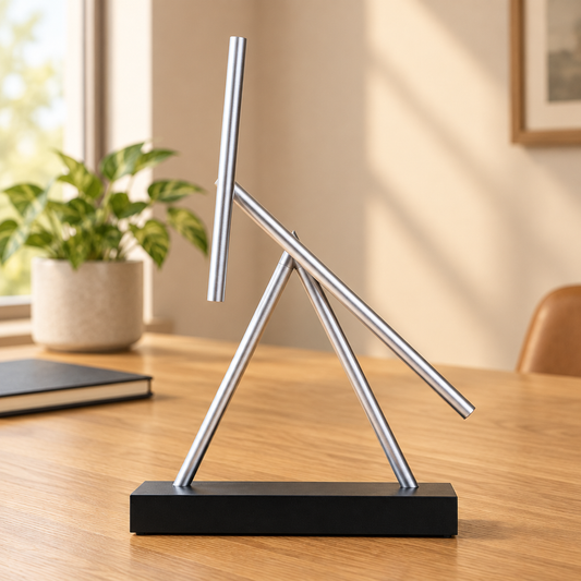 Kinetic sculpture in a warm modern home-office setting